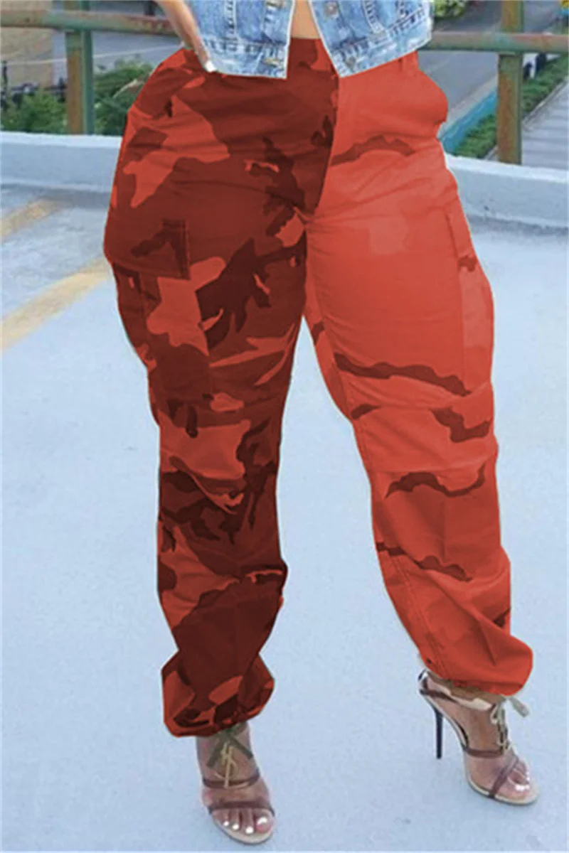 Red Fashion Casual Camouflage Print Patchwork Regular High Waist Trousers | EGEMISS