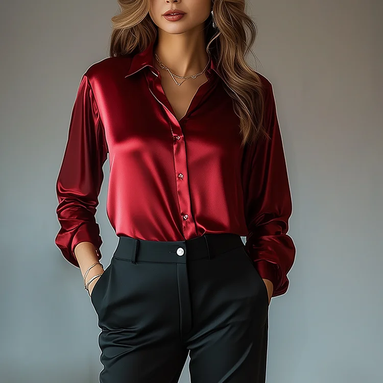 Ursime Shirt Collar Button Long Sleeve Solid Satin Blouse