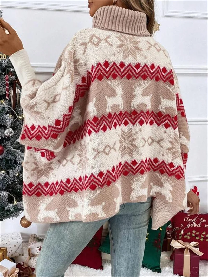 Athvotar Athvotar And Winter Sweater New High-Collar Christmas Sweater Elk Bump Pattern Bat Sleeve Sweater
