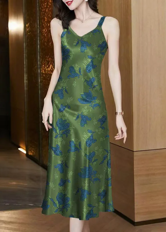 Italian Green V Neck Print Cotton Spaghetti Strap Dress Sleeveless