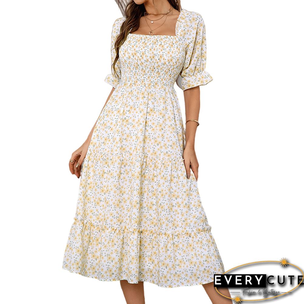 Yellow Square Neck Swing Floral Dress