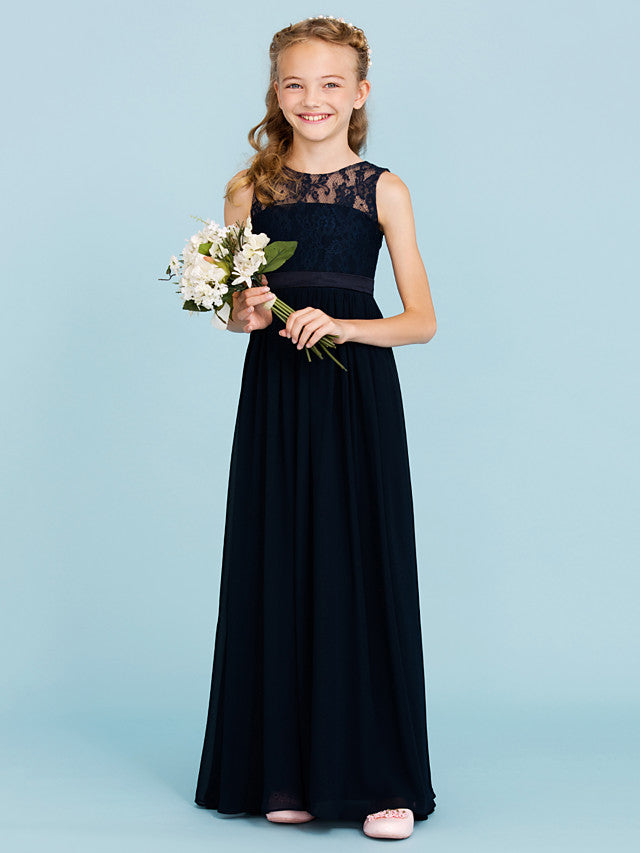 Oknass Princess A-Line Crew Neck Floor Length Chiffon Lace Flower Girl Dress With Sash Ribbon Pleats Open Back