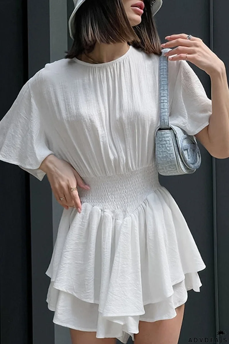 Casual Solid Flounce O Neck Waist Skirt Dresses