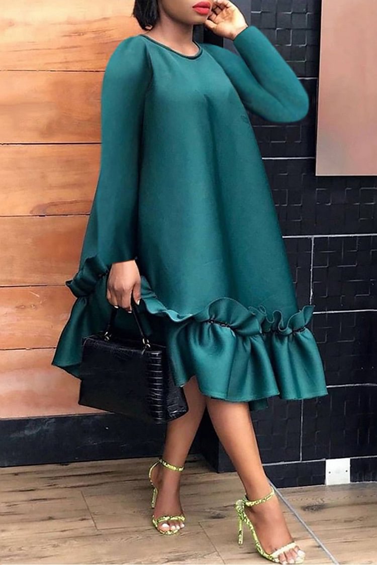 Plus Size Green Semi Formal Ruffled A-Line Long Sleeve Midi Dress [Pre-Order]