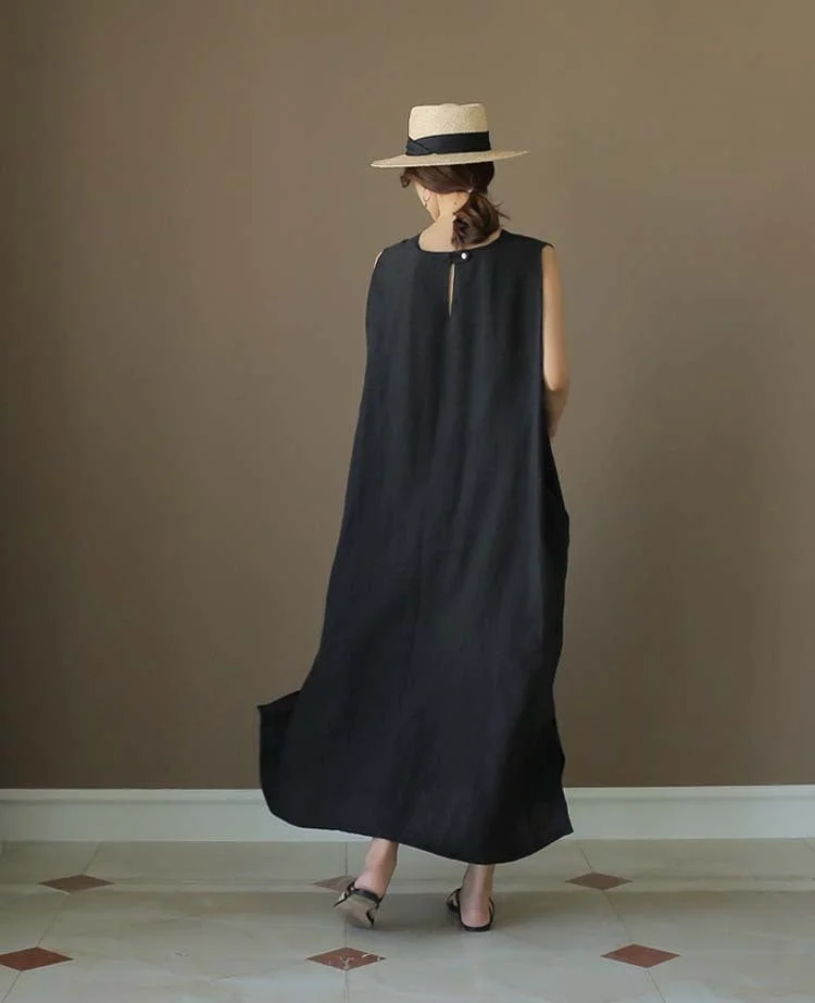 Loose Cotton Vest Dress New Round Neck Sleeveless Long Dress Linen | EGEMISS