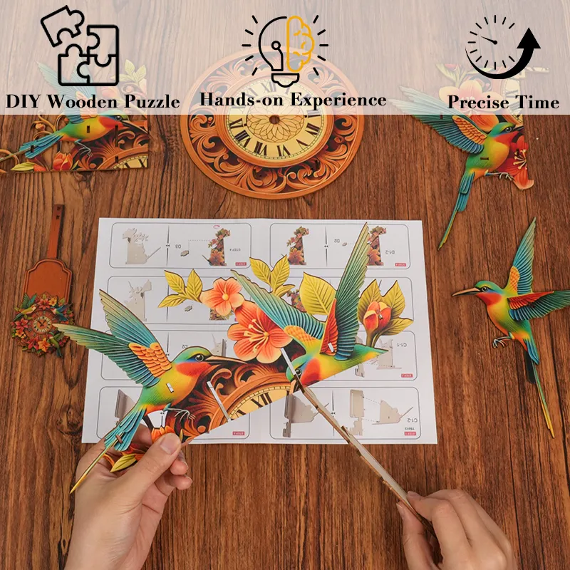 Blooming Hummingbird Wooden Clock Puzzle
