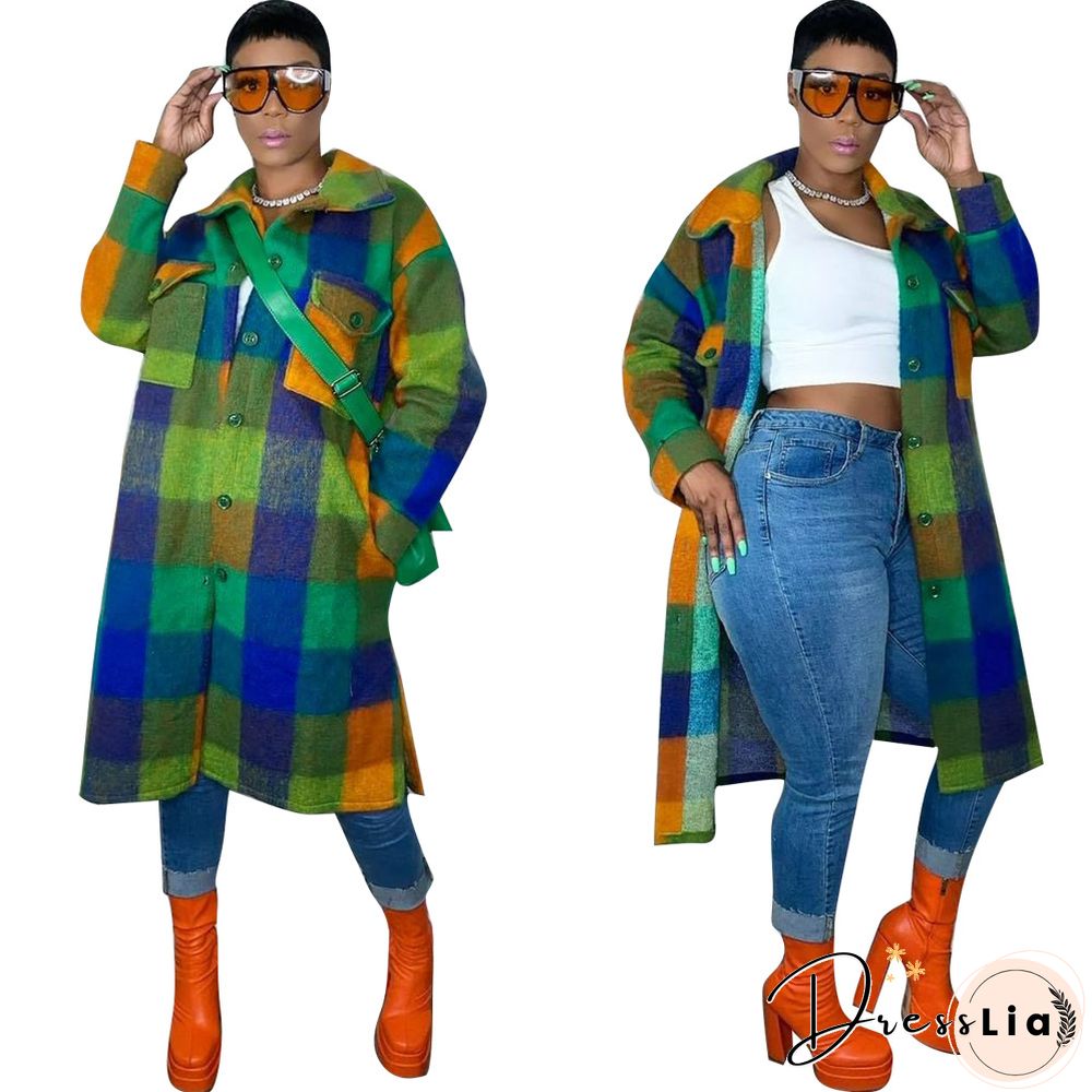 Plaid Lapel Single-breasted Woolen Long Coat