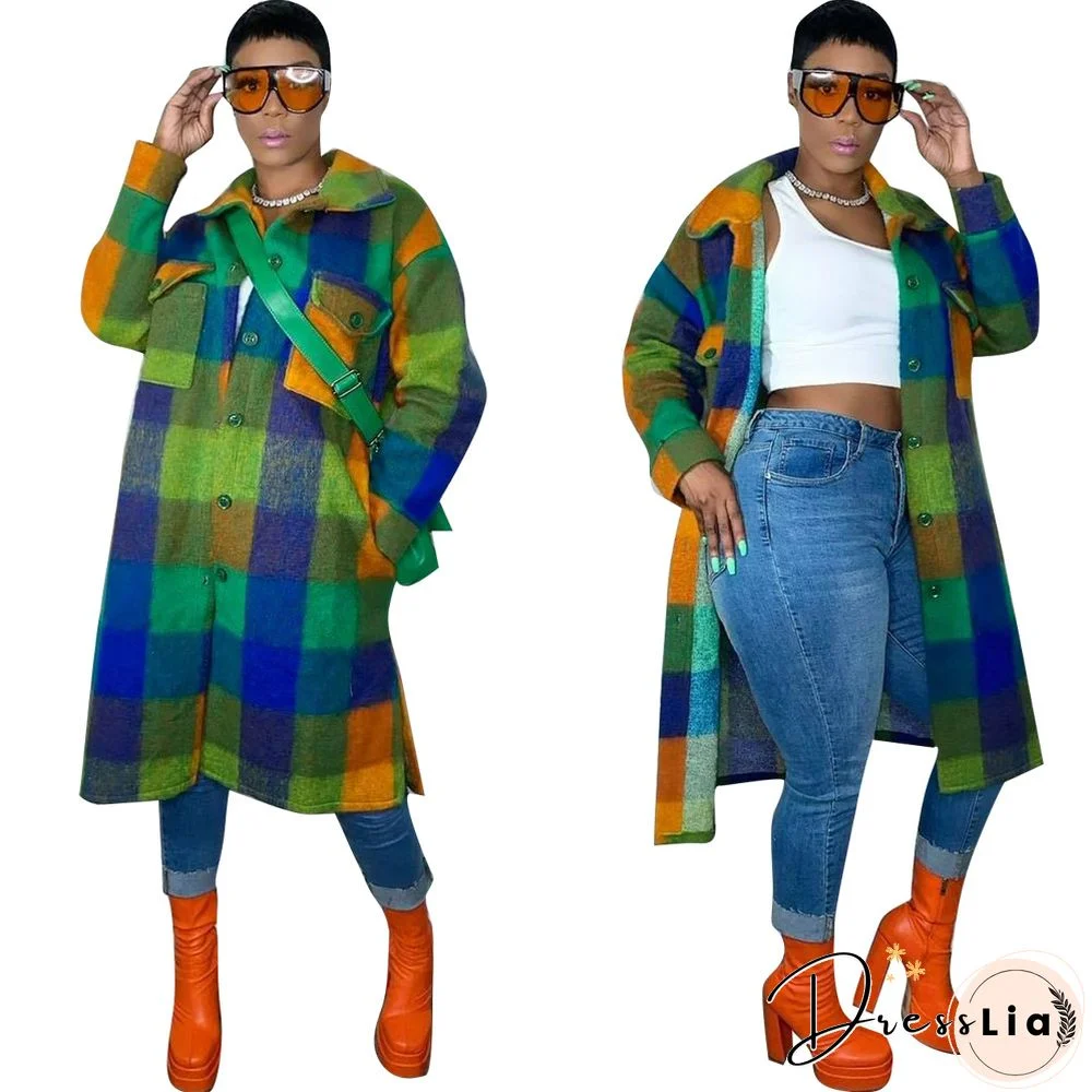 Plaid Lapel Single-breasted Woolen Long Coat