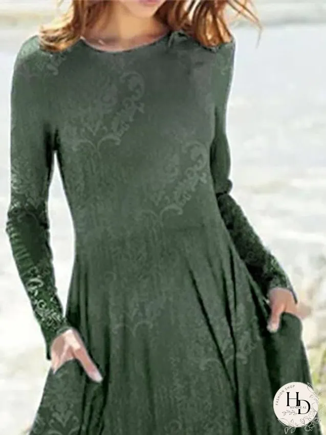 Casual Dress Ethnic Dress Swing Dress Midi Dress Green Long Sleeve Color Gradient Pocket Winter Fall Autumn Round Neck Vacation Winter Dress Fall Dress S M L XL XXL 3XL for Women