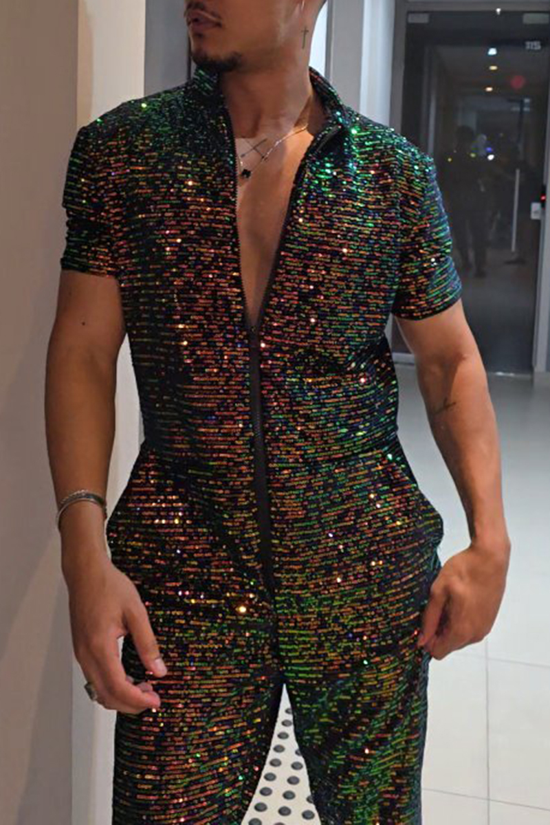 Men's Sequin Stand Collar Zipper Festival Slim Fit Jumpsuit