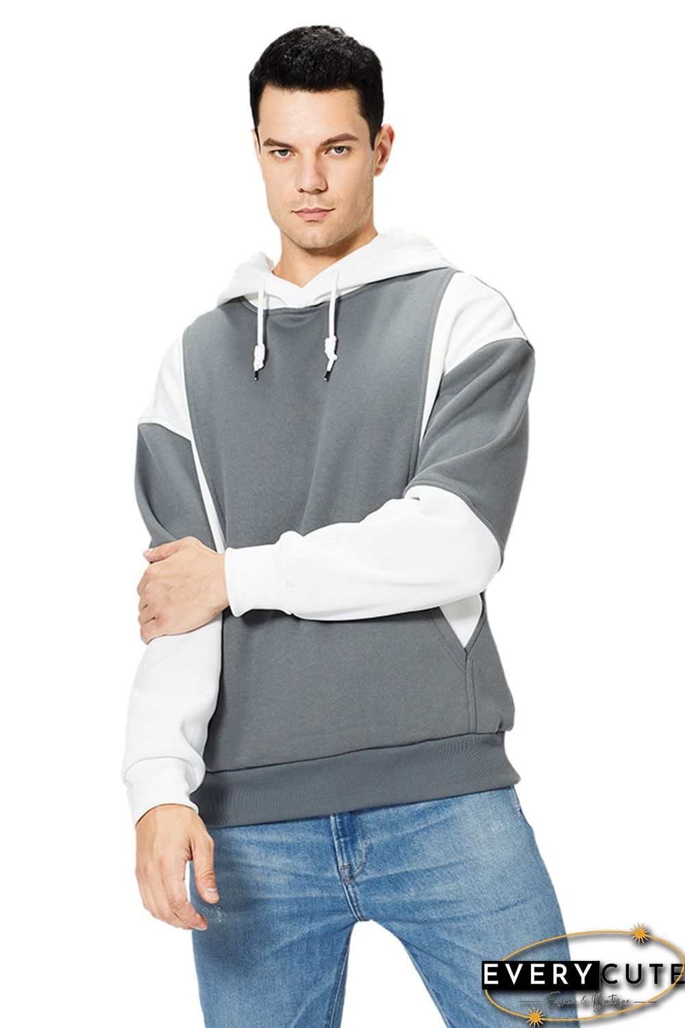 White Men Colorblock Pullover Long Sleeve Hoodie