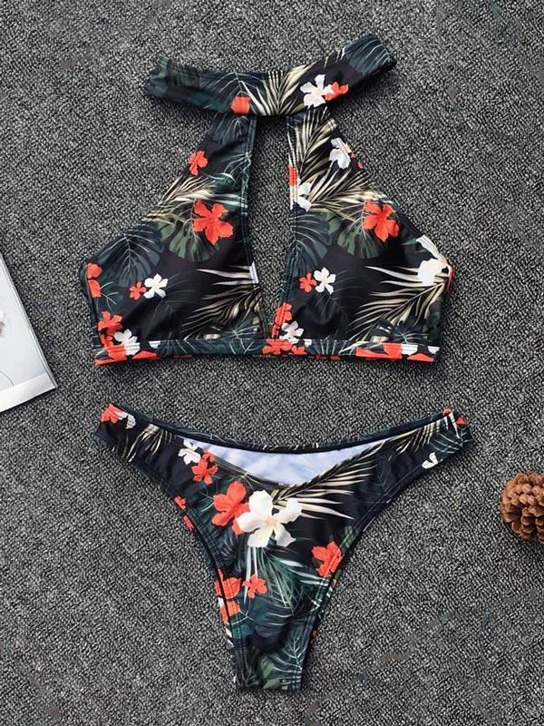 Halter Hollow Floral Bikini Swimsuit