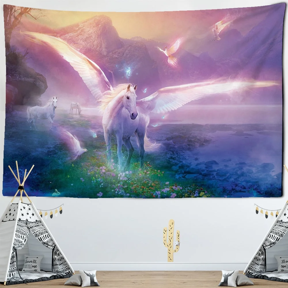 Sacred Horse Pegasus Decoration Tapestry Wall Hanging Background Cloth Christmas Psychedelic Wall Carpet Camping Tent Travel