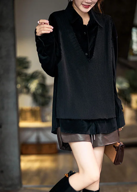 Women Coffee Peter Pan Collar Knit Patchwork Fake Two Piece Shirts