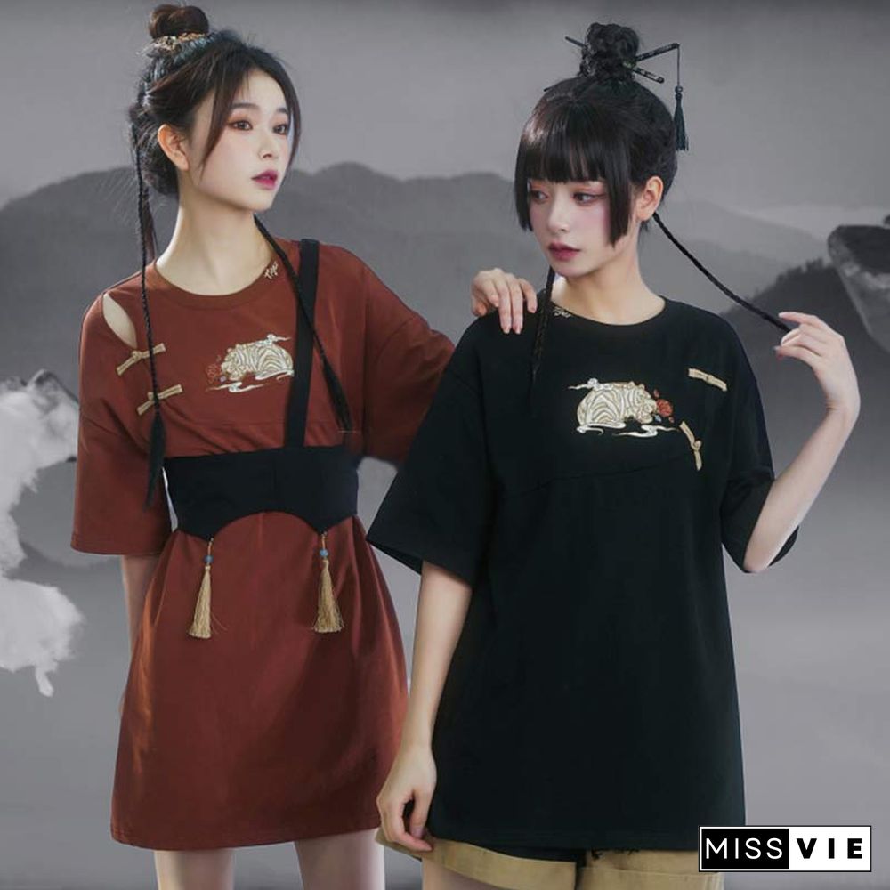 Vintage Embroidery Buckle Tasesel Vest Loose T-Shirt Dress