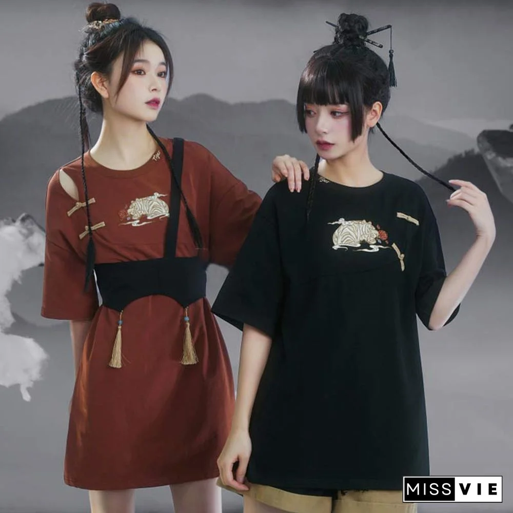 Vintage Embroidery Buckle Tasesel Vest Loose T-Shirt Dress