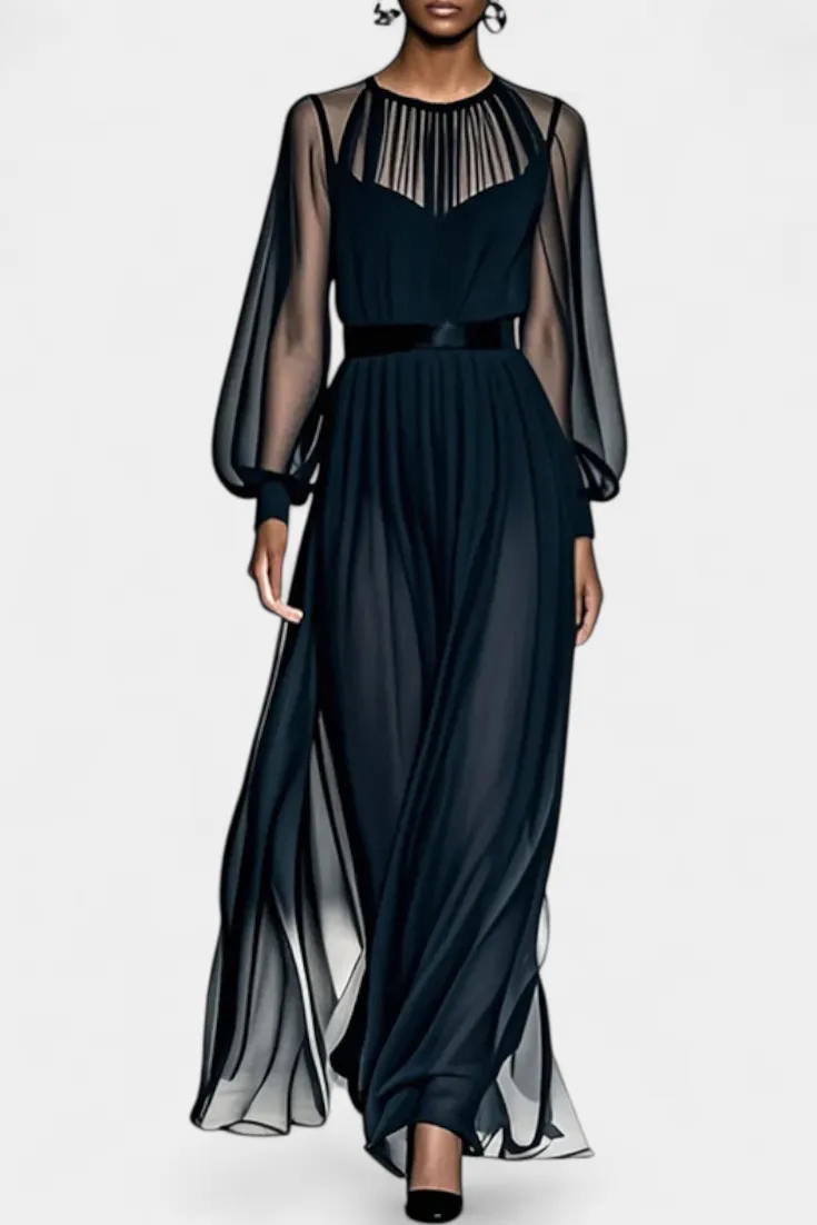 Sheer Long Sleeve Chiffon Maxi Dress with High Neck