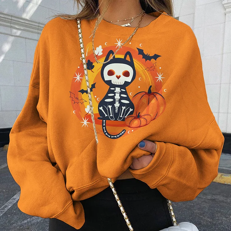 Vefave Cat Bat Pumpkin Print Crew Neck Sweatshirt