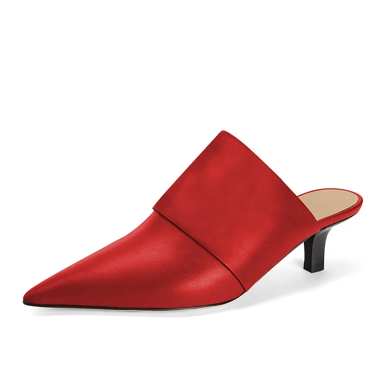 Red Pointy Toe Kitten Heel Mule Heels for Women |FSJ Shoes