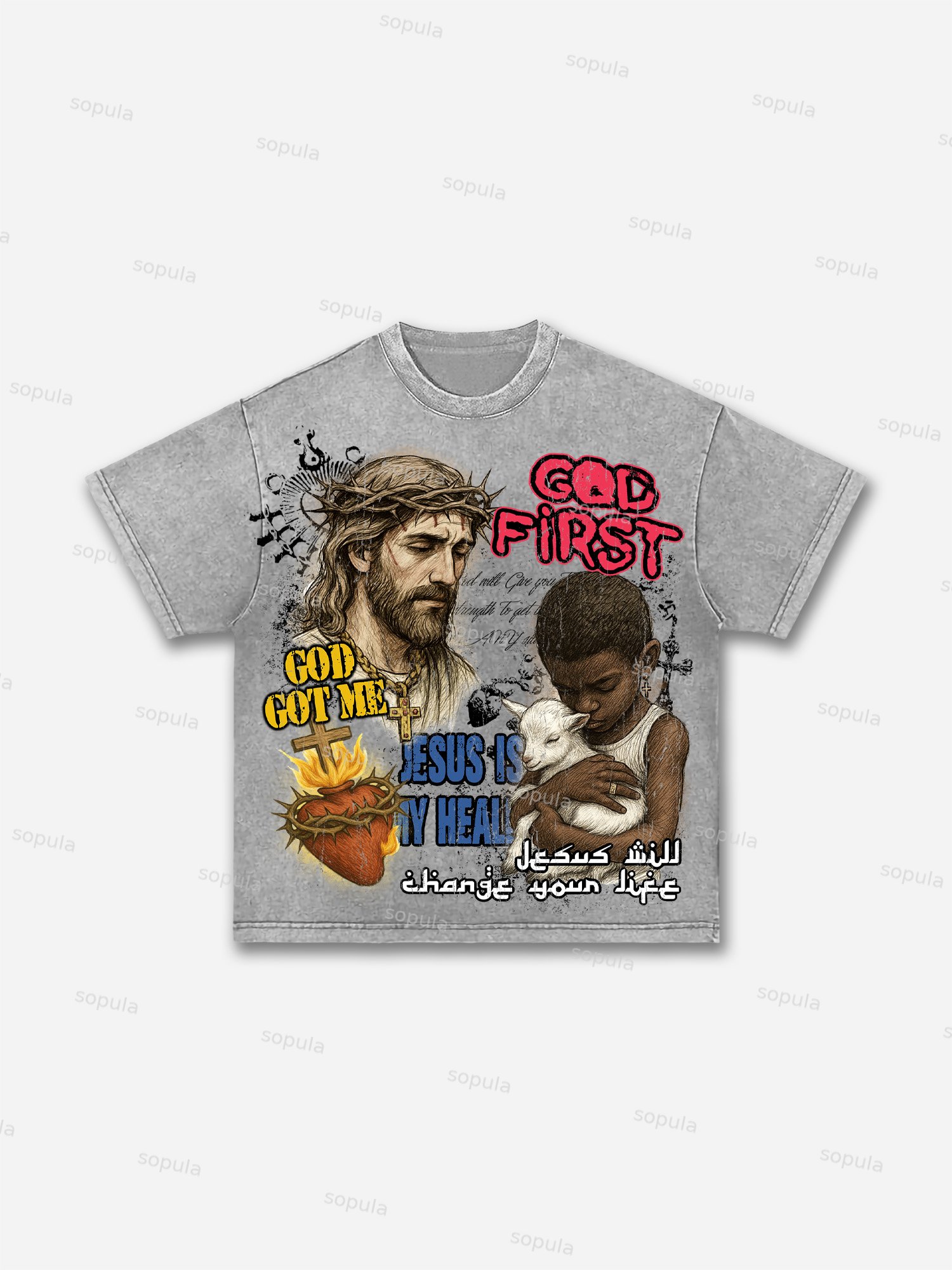 Jesus Is My Healr Vintage Black Boy Graphic Acid Wash T-shirt - Sopula｜Premium Graphic Tees & Graphic Clothing
