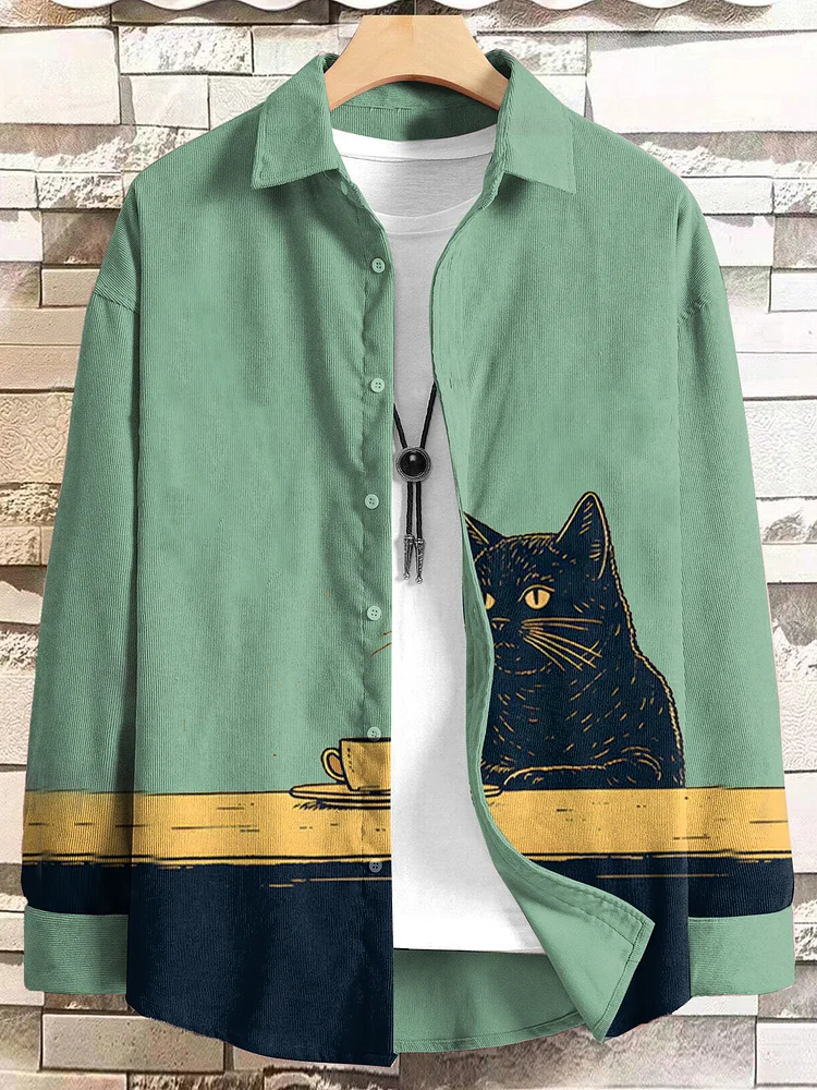 Men's Black Cat Coffee Color Block Art Print Long Sleeve Shirt