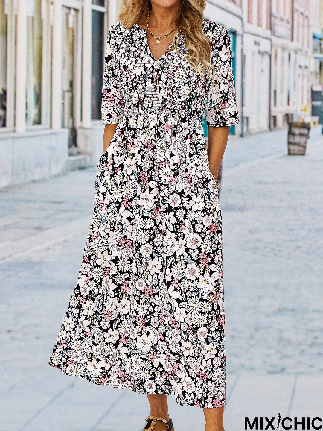 Floral V neck Casual Half sleeve Dress