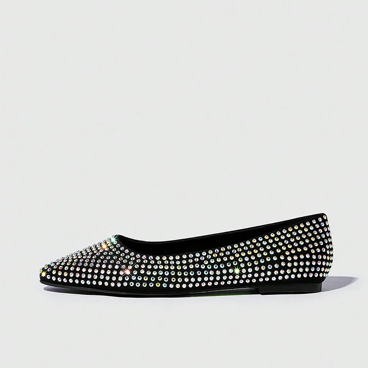 Elegant Black Flat Shoes Classic Pointy Toe Rhinestones Pumps Summer Dancing Flats |FSJ Shoes