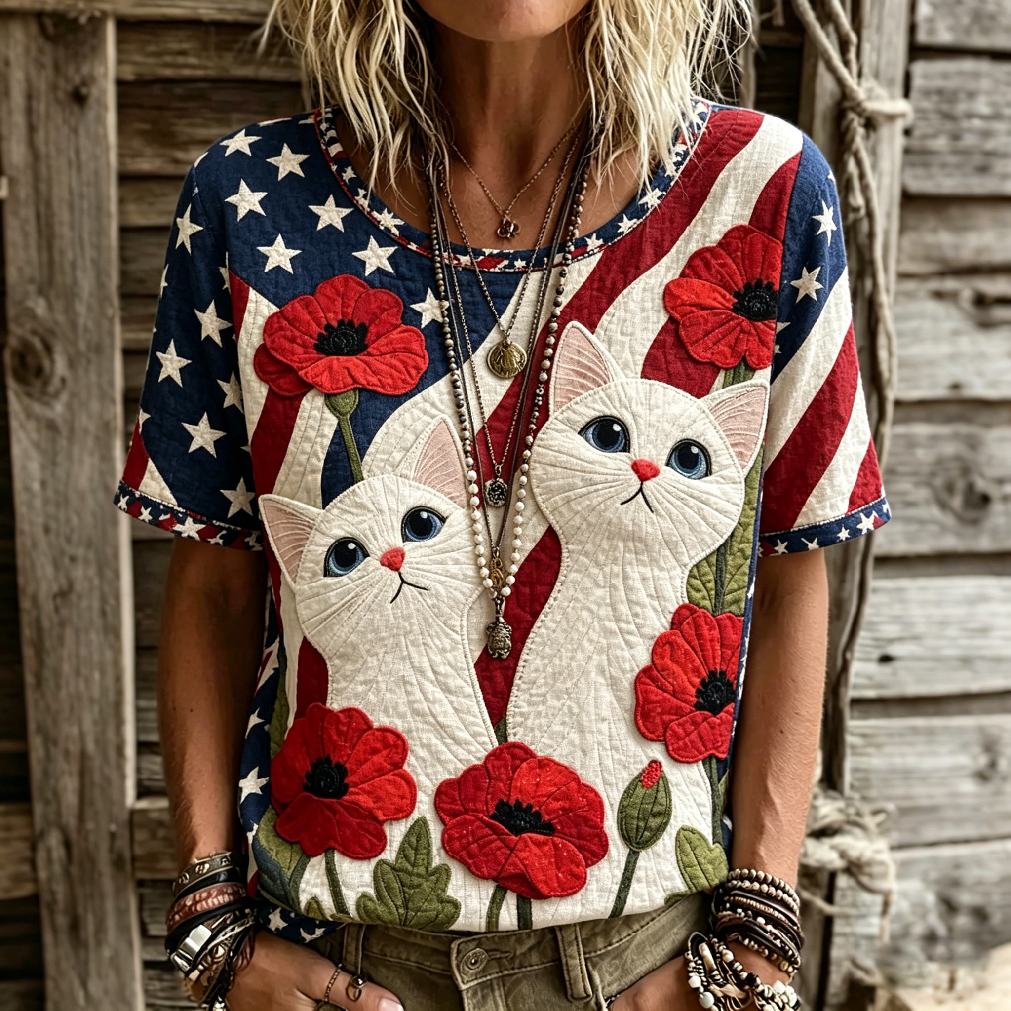  Women's Usa Inspired Floral With Cat Art Linen Blend T-shirt Westsshops