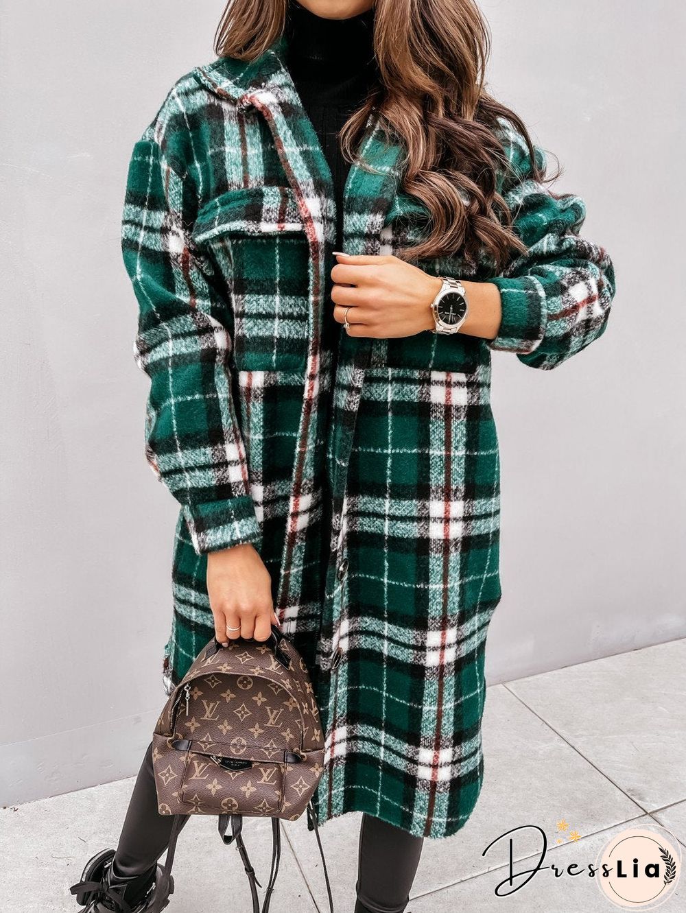 Autumn Winter Long Sleeve Plaid Print Coat