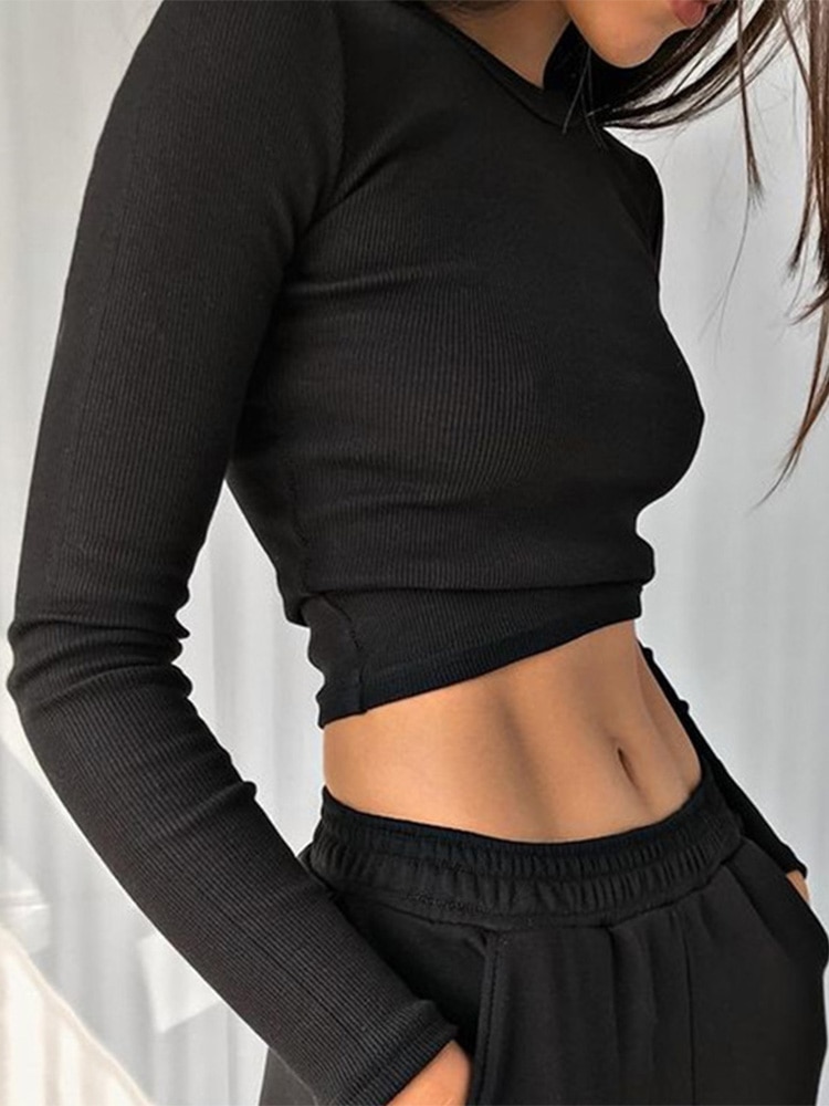 O Neck Long Sleeve Shirt Women Ribbed Sexy Cropped Tops 2022 Spring Black Casual Skinny Slim Basic Woman T Shirts White