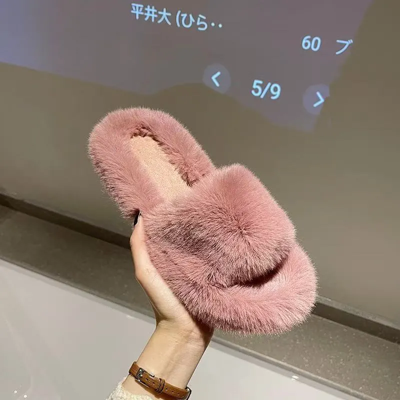 Breakj Breakj Hairy Slippers Women 2025 Autumn And Winter New Hairy Home Outside The Bottom Of The Wearing Plush Slippers