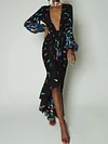 Floral Print Sexy V-Neck Long Sleeves Maxi Dress