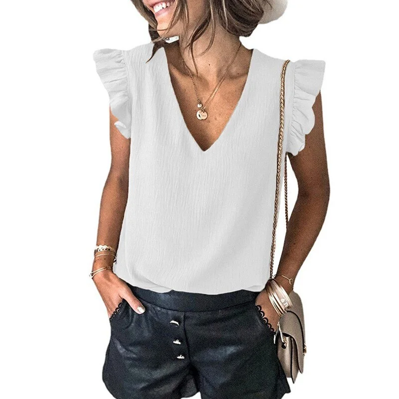 UForever21 2022 Summer Casual Shirt Women Blouse Solid V Neck Loose Shirt Butterfly Sleeve Office Lady Women Tops