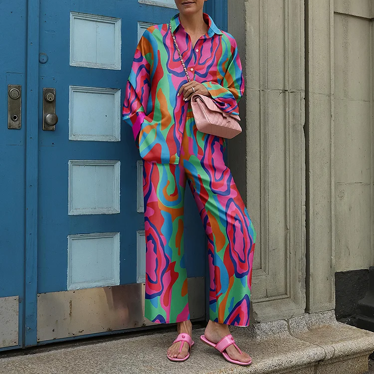 Fashion Abstract Print Shirt Two Piece Set