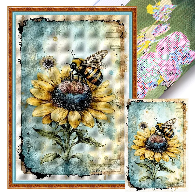 【Huacan Brand】Bee On Sunflower 11CT Stamped Cross Stitch 40*60CM(28 Colors)