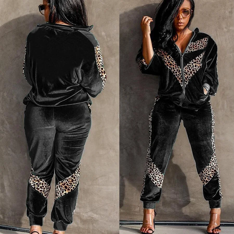 2021 New Women Sets Leopard Patchwork Tracksuits Velvet 2 Two Pieces Fashion Long Sleeve Coats Jogger Pants Sportswear