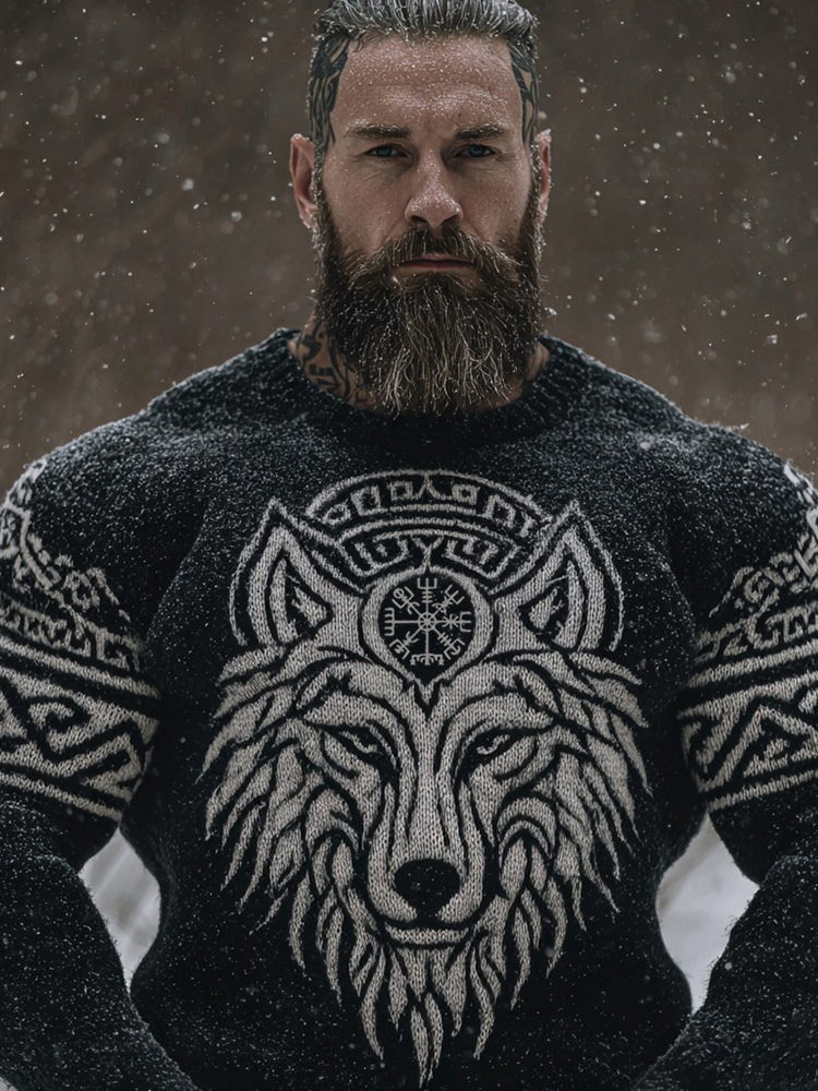Men's Vintage Viking Vegvisir Wolf Cozy Knit Sweater elevenforest