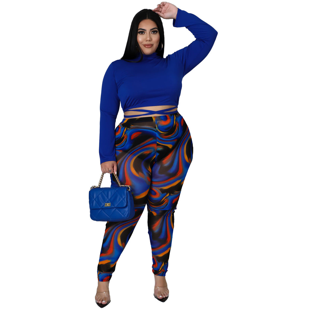 Plus Size Sexy Two-Piece Suit  Stitching Contrast Color Bandage See-through Set Women Clothing