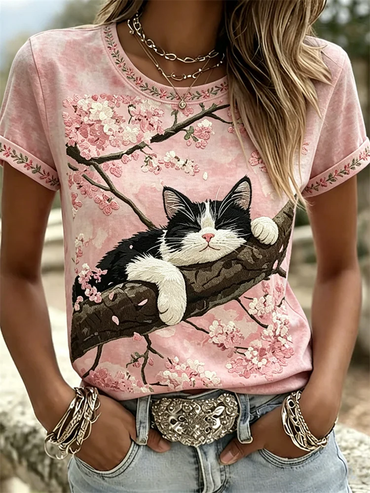 Sleeping Cat On Cherry Blossom Tree Art T Shirt