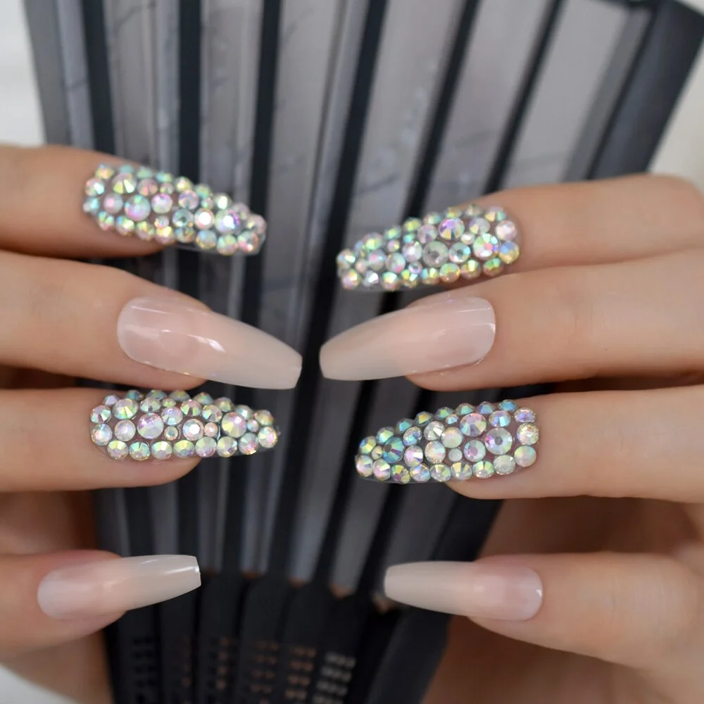 Salon Perfect Artificial Nails 3D Rhinestones Decorative White Nude Faux Ongles Long Ballerina Trapezoid Tips-Nail Inspo