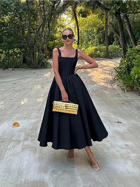 Kissbake event dresses for women luxury Elegant Black Sleeveless Women Sling Maxi Dress Fashion Square Neck Pleated Hem A-line Dresses Summer Lady Chic High Street Robe