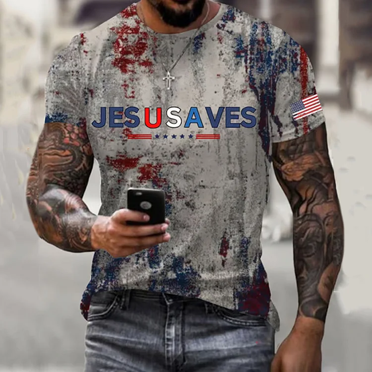 Men's July 4th Independence Day  U S A Jesus Saves Printed Casual T-shirt