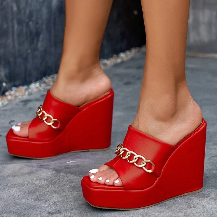 Women Slippers High Heel Open Toe Fashion Sandals Metal Chain Wedge Platform Plus Size Women Beachshoes