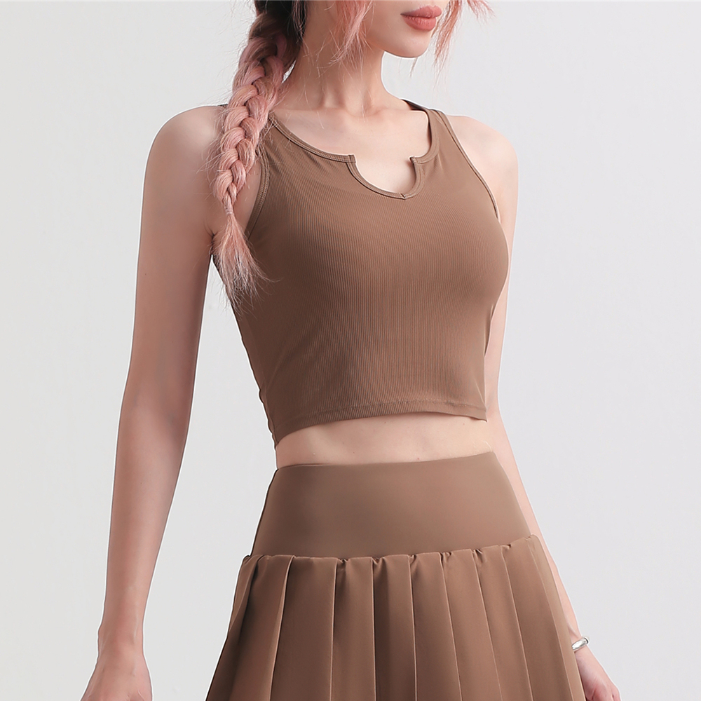 Shop Deep Khaki women v neck moisture wicking cool feeling nylon slim fitting everyday sports running yoga crop top online on Hergymclothing