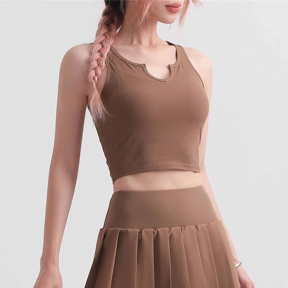 Shop Deep Khaki women v neck moisture wicking cool feeling nylon slim fitting everyday sports running yoga crop top online on Hergymclothing