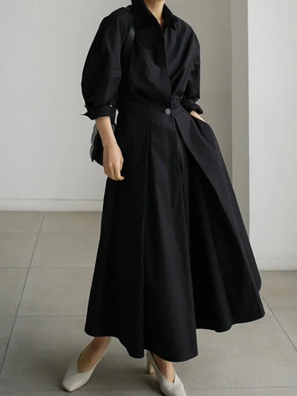 Long Sleeves Loose Pleated Solid Color Split-Joint Tied Waist Lapel Midi Dresses Shirt Dress