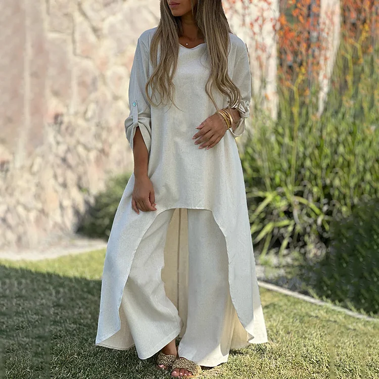 Wearshes Cozy Cotton And Linen Blouse And Pants Two-Piece Set