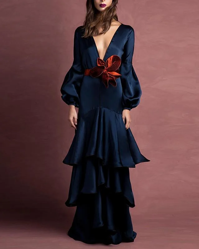 Women's Shift Dress Maxi Long Dress Blue Long Sleeve Solid Color Ruffle Patchwork Summer V Neck Hot Elegant