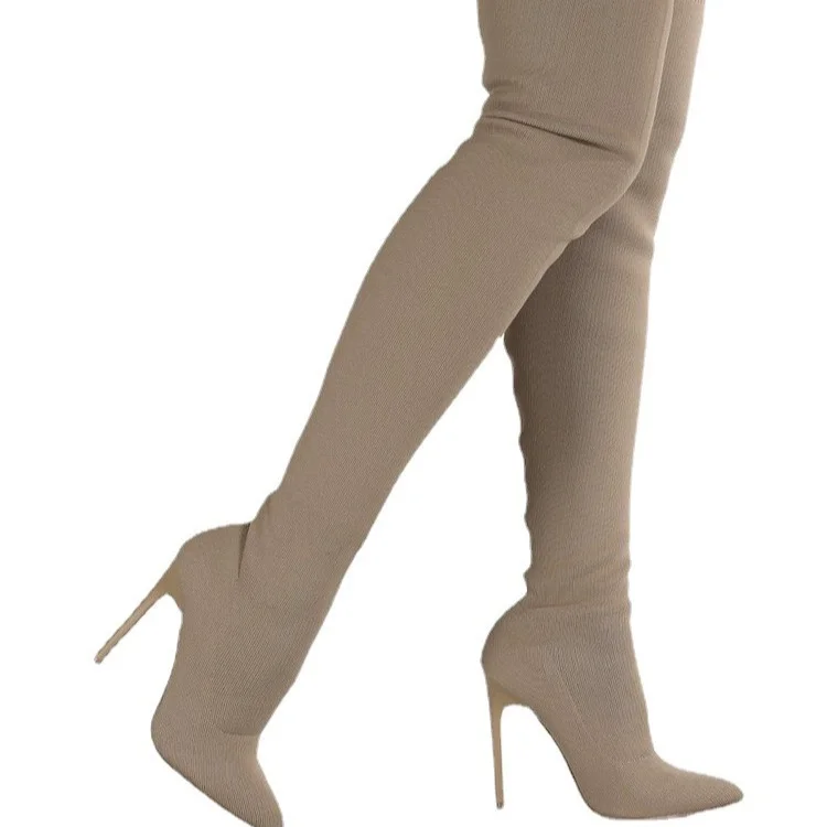 Yyvonne New Large-Size Women's Boots Elastic Boots Retro Women's Fine Heel High Heel High-Heeled Knitted Over Knee Boots