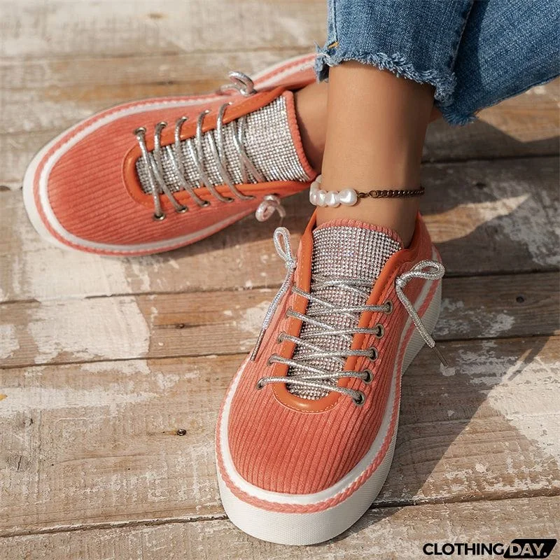 Women's Stylish Thick-Soled Round Toe Lace-Up Rhinestone Casual Shoes